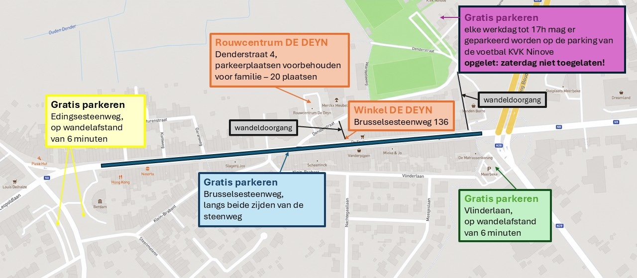 Schets met gratis parkeerlocaties aan het rouwcentrum, de winkel, KVK Ninove, Brusselsesteenweg, Vlinderlaan en Edingsesteenweg.